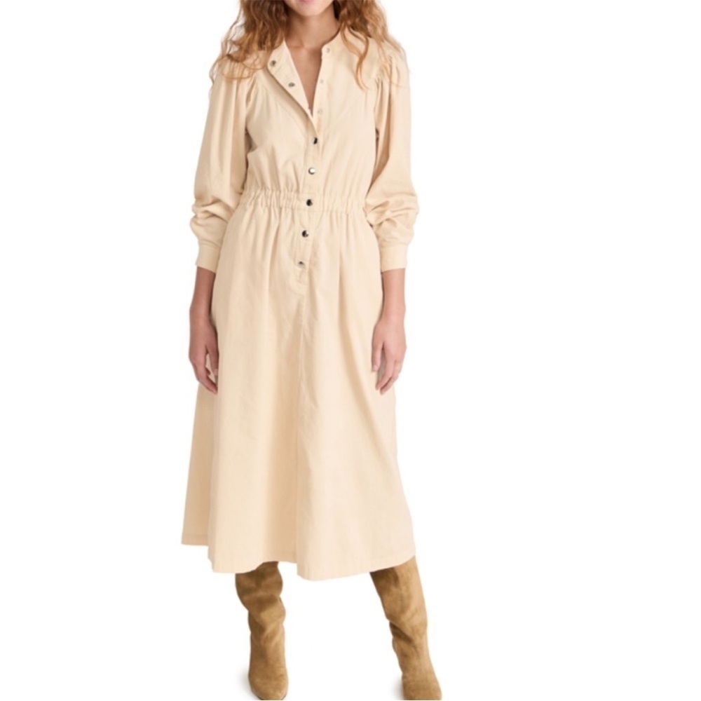 Xirena Audrey Beige Corduroy Long Puff Sleeve Cotton Midi Dress Size Medium